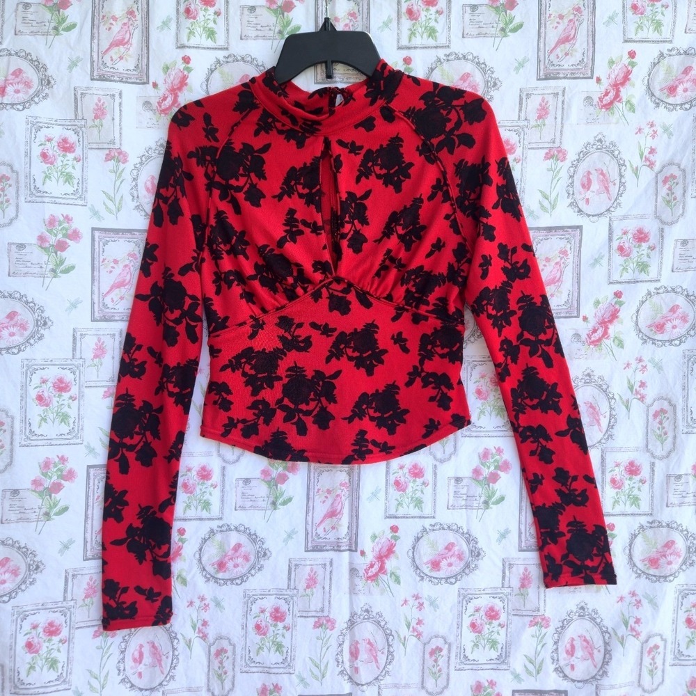 Free People Dinner Party Top Red Black Floral Keyhole Mock Neck Long Sleeve Sz S